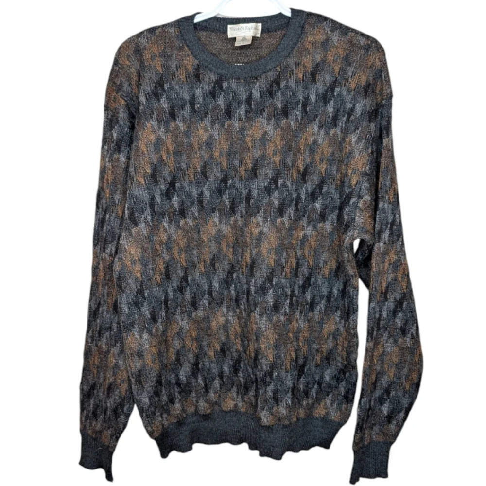 Vintage Knit Wool Crew Neck Grey & Brown Patterned Sweater Mens Large Grandpa